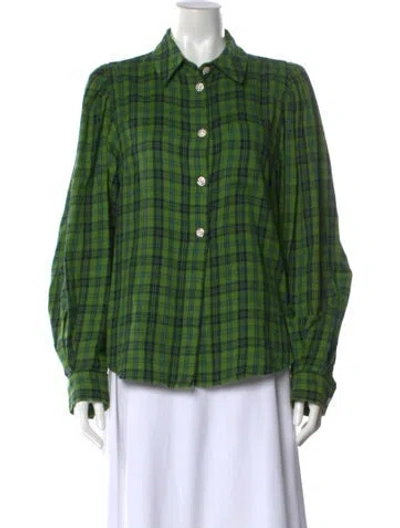 Pre-owned Essentiel Antwerp Plaid Print Long Sleeve Button-up Top In Green