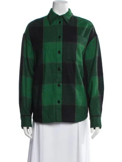 Pre-owned Essentiel Antwerp Plaid Print Long Sleeve Button-up Top In Green