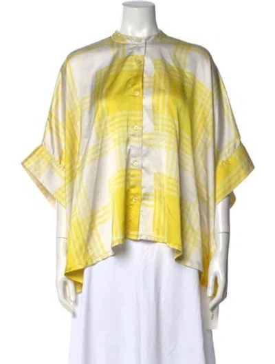 Pre-owned Essentiel Antwerp Plaid Print Short Sleeve Blouse In Yellow