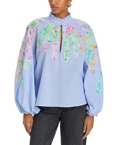 Essentiel Antwerp Printed Mandarin Collar Blouse In Aqua Blue