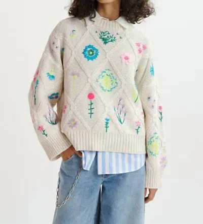 Essentiel Antwerp Rib-knitted Sweater With Flower Embroidery In Off-white/pink/blue