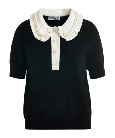Essentiel Antwerp Ruffle Fine-knit Polo Top In Black