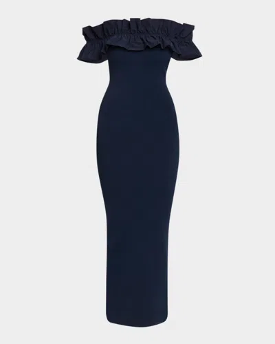 Essentiel Antwerp Ruffled Off-the-shoulder Knit Midi Dress In Blue