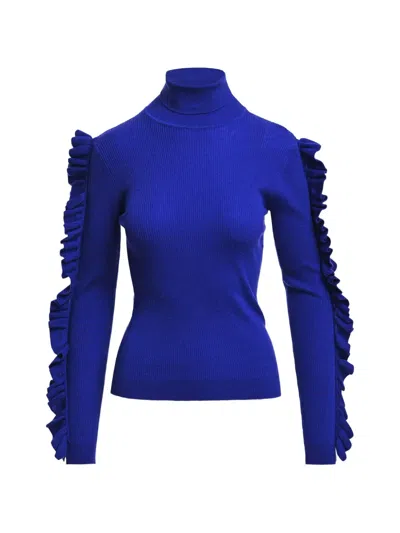 Essentiel Antwerp Ruffle-trimmed Ribbed Sweater In Blue