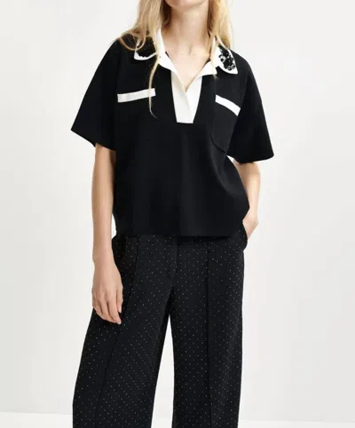 Essentiel Antwerp Sequin And Bead Collar Polo Top In Black