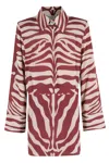 Essentiel Antwerp Ivory And Burgundy Zebra Jacquard Shirt Dress With Rhinestone Button In Multi