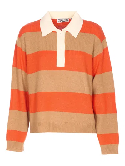 Essentiel Antwerp Striped Buttoned Polo Top In Orange