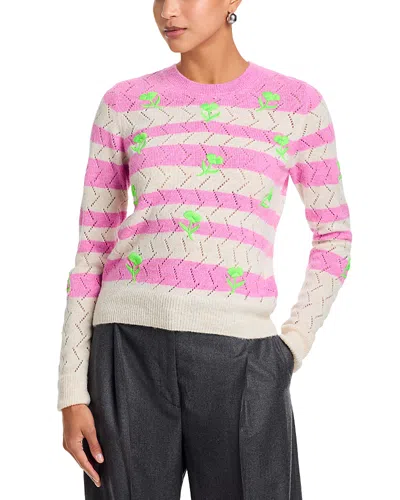 Essentiel Antwerp Striped Intarsia Knit Sweater With Flower Embroidery In Pink