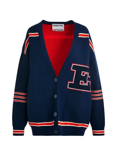 Essentiel Antwerp Gestreifter Cardigan Mit Buchstaben-applikation In Blue