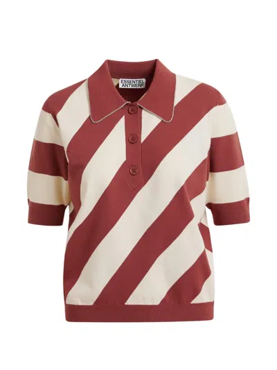 Essentiel Antwerp Striped Rhinestone Polo Top In Red