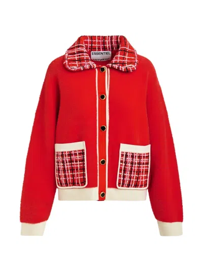 Essentiel Antwerp Tweed-collar Patch-pocket Cardigan In Red