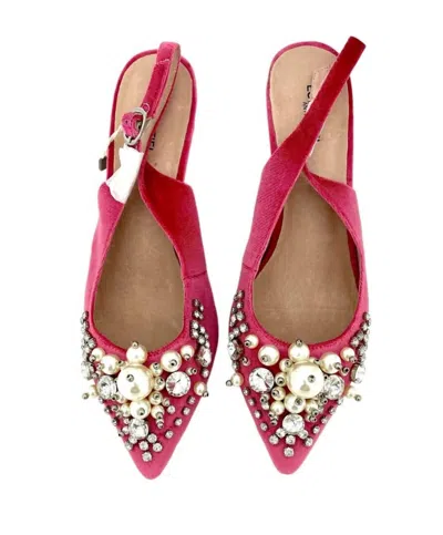 Essentiel Antwerp Velvet Crystals Pearls Pointed Toe Kitten Pumps In Pink
