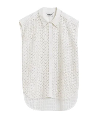 Essentiel Antwerp White Mesh Sleeveless Shirt With Bead Embellishments
