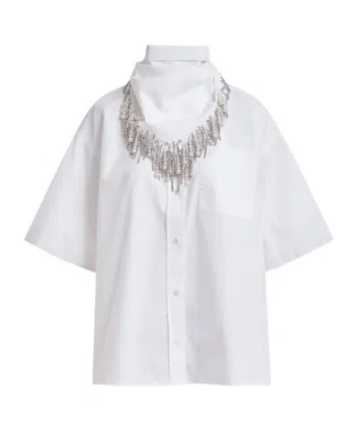 Essentiel Antwerp White Striped Cotton Shirt With Embroidered Detail And Separate Scarf