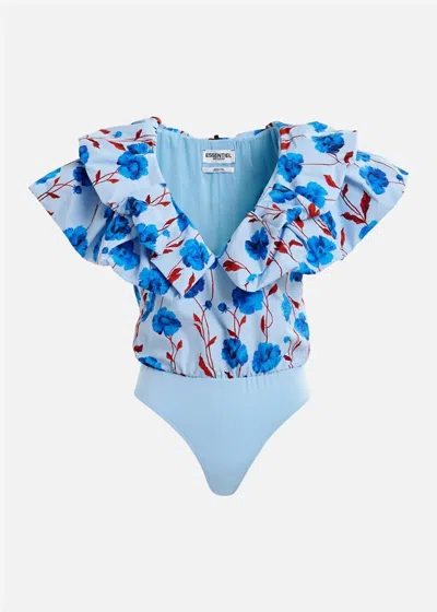 Essentiel Antwerp Women's Hillary Voluminous Ruffle Bodysuit In Denim Floral In Multi