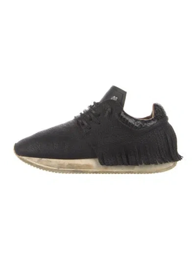 Pre-owned Esseutesse Leather Fringe Trim Accent Sneakers In Black