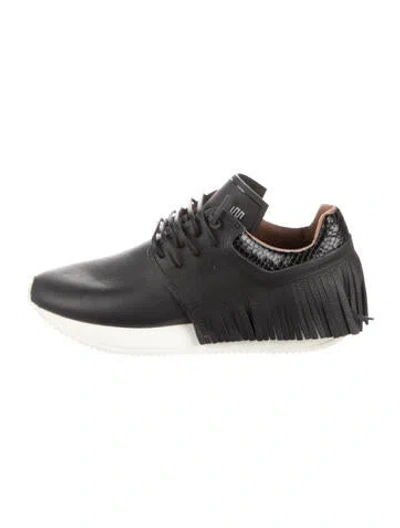 Pre-owned Esseutesse Leather Fringe Trim Accent Sneakers In Black