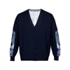Essien & Emre Men's White / Blue Clarus Merino Wool Pattern Panel Cardigan Navy In Blue/white