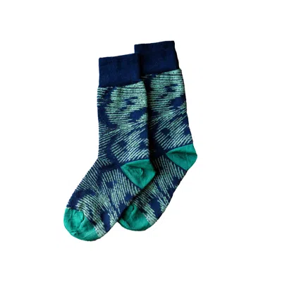 Essien & Emre Women's Blue / Green Pavo Pattern Wool Socks Navy Green In Blue/green