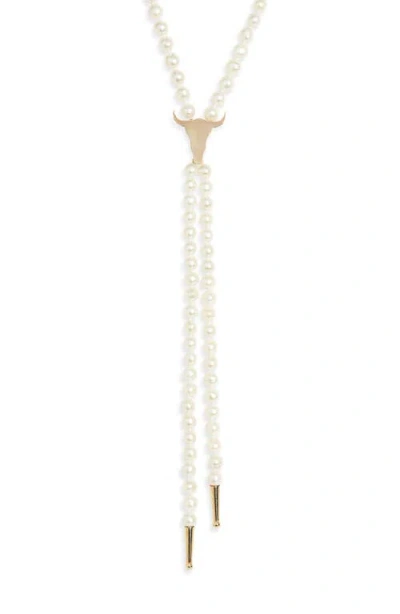 Established Genuine Cultured Pearl Steer Head Bolo Necklace In Gold