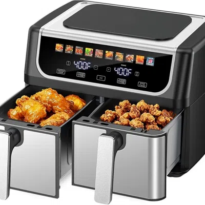 Estassay 9.5 Quart Large Dual Basket Air Fryer With Double Basket, Independent Temp Control & Sync Mode, 10 P