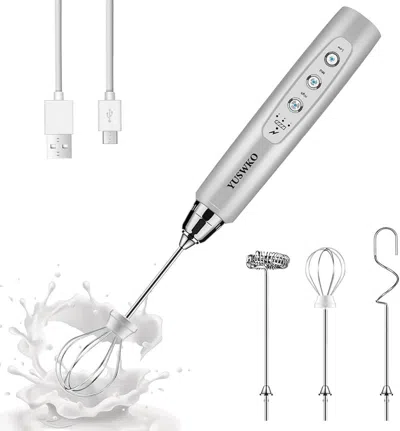 Estassay Rechargeable Milk Frother Handheld With 3 Heads, Silver Coffee Electric Whisk Drink Foam Mixer, Mini