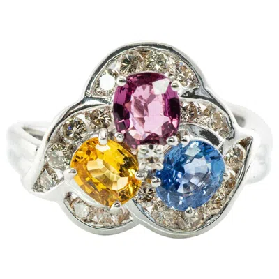 Pre-owned Estate Jewelry Blue Pink Yellow Sapphire Diamond Ring 14k Gold Three Stones