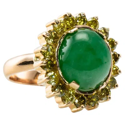 Pre-owned Estate Jewelry Canary Diamond Jade Ring 18k Gold Vintage Cocktail In Green