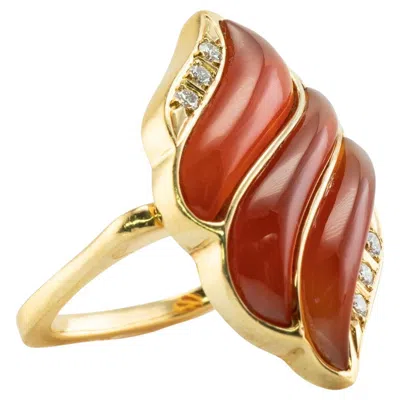 Pre-owned Estate Jewelry Carnelian Diamond Ring 18k Gold Square Band Agni Fire Flame In Red