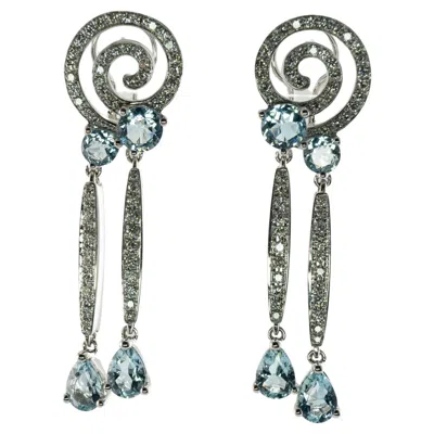 Pre-owned Estate Jewelry Diamond Aquamarine Earrings 18k Gold Dangle Geometric Spiral In Multi