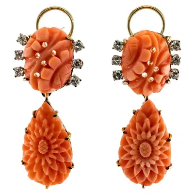 Pre-owned Estate Jewelry Diamond Carved Coral Earrings Dangle 14k Gold In Red