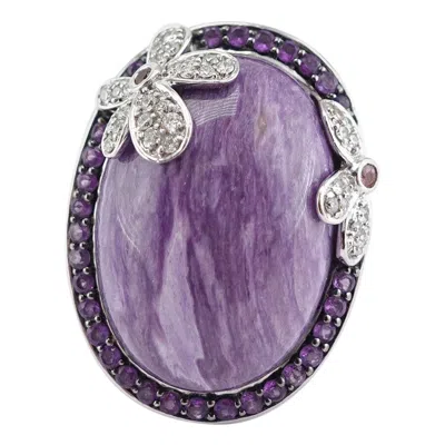 Pre-owned Estate Jewelry Diamond Charoite Amethyst Ring 14k Gold Flower Cocktail In Purple