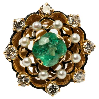 Pre-owned Estate Jewelry Diamond Colombian Emerald Pearl Ring Black 14k Gold Vintage In Green