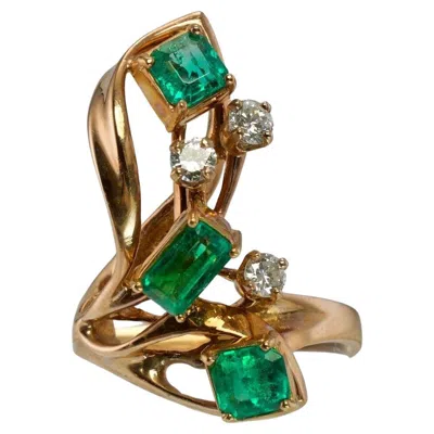 Pre-owned Estate Jewelry Diamond Colombian Emerald Ring 14k Rose Gold Vintage In Red