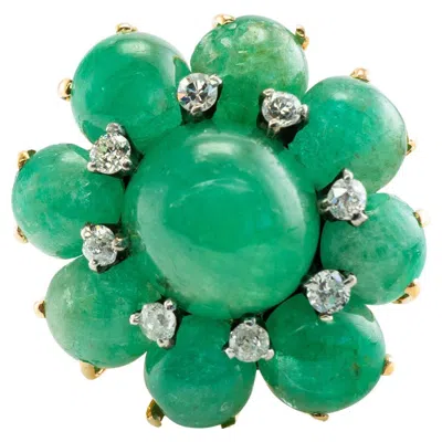 Pre-owned Estate Jewelry Diamond Emerald Cabochon Flower Ring 14k Gold Vintage In Green