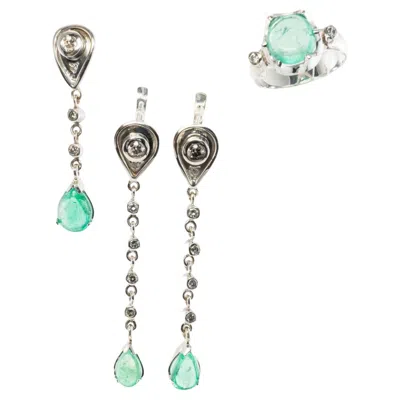 Pre-owned Estate Jewelry Diamond Emerald Earrings Ring Pendant Set 18k White Gold