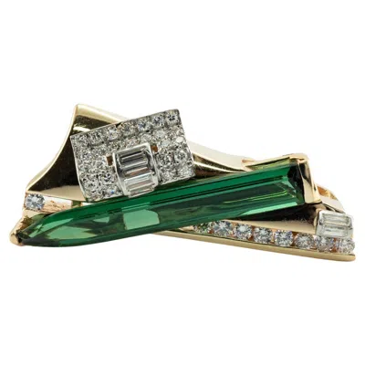 Pre-owned Estate Jewelry Diamond Green Tourmaline Pendant Slide 18k Yellow Gold