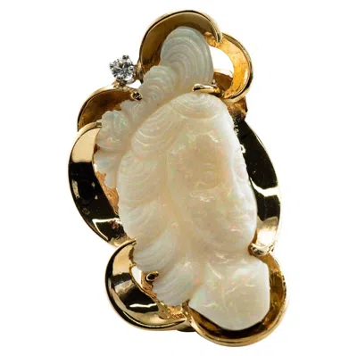 Pre-owned Estate Jewelry Diamond Opal Ring Carved Cameo 14k Gold Vintage Face Cocktail In Multi