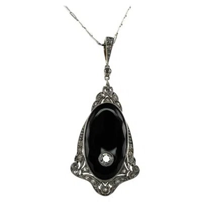 Pre-owned Estate Jewelry Diamond Pendant Necklace Onyx 14k Gold Art Deco In Black