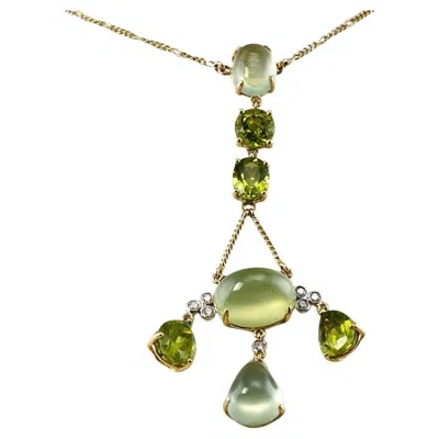 Pre-owned Estate Jewelry Diamond Peridot Chalcedony Necklace 18k Gold In Multi