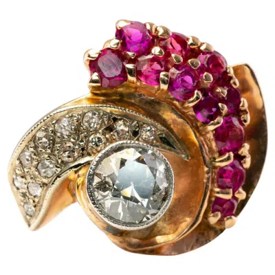 Pre-owned Estate Jewelry Diamond Ruby Ring 14k Rose Gold Spiral Cocktail Retro Old Mine Cut In Red