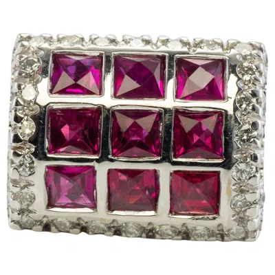 Pre-owned Estate Jewelry Diamond Ruby Ring 18k White Gold Band Geometric