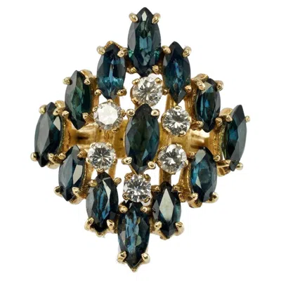 Pre-owned Estate Jewelry Diamond Sapphire Ring 14k Gold Cocktail Floral In Blue