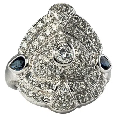 Pre-owned Estate Jewelry Diamond Sapphire Ring 14k White Gold Shield Cocktail