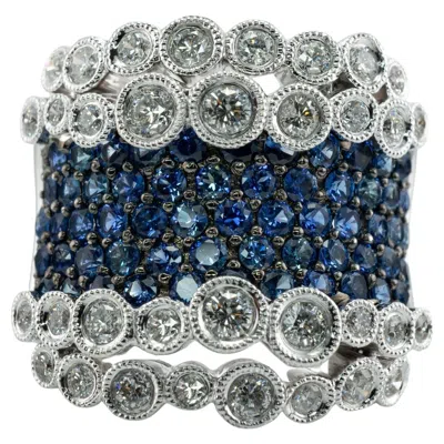 Pre-owned Estate Jewelry Diamond Sapphire Ring 18k White Gold Wide Band