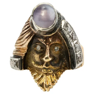 Pre-owned Estate Jewelry Diamond Star Sapphire Ring 14k Gold Face Vintage Mythology In Blue