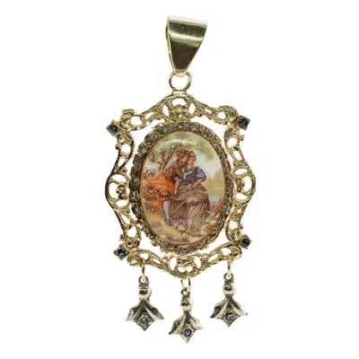 Pre-owned Estate Jewelry Enamel Diamond Sapphire Cameo Pendant 14k Gold Vintage In Blue