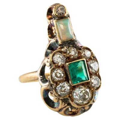 Pre-owned Estate Jewelry Georgian Emerald Diamond Opal Ring 14k Gold Antique, C.1820s In Green