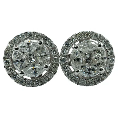 Pre-owned Estate Jewelry Natural Diamond Cluster Earrings, Round 14k White Gold Studs 1.20 Ctw