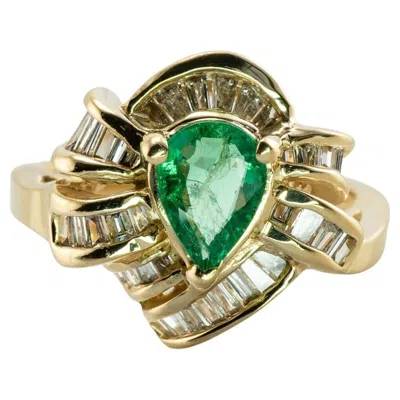 Pre-owned Estate Jewelry Natural Diamond Emerald Ring 14k Gold Pear Cut Pear Cut In Green